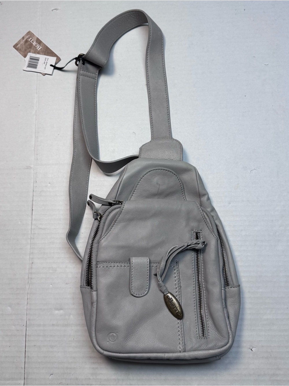 Born Multi Compartment Soft Leather Sling Bag In Dove (Light Gray) New With Tags